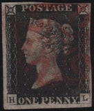 141139 1840 MATCHED TRIO LETTERED HL 1D GREY-BLACK PL.1A (SG3), 1D BLACK PL.1B (SG2) AND 1D RED PL.1B (SG7), PLATE 1B's CONSTANT VARIETY.