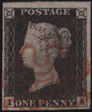 141140 1840 MATCHED TRIO LETTERED IA 1D BLACK PL.1A (SG2), 1D BLACK PL.1B (SG2) AND 1D RED PL.1B (SG7), PLATE 1B's CONSTANT VARIETY.