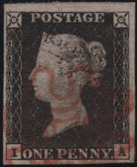 141140 1840 MATCHED TRIO LETTERED IA 1D BLACK PL.1A (SG2), 1D BLACK PL.1B (SG2) AND 1D RED PL.1B (SG7), PLATE 1B's CONSTANT VARIETY.