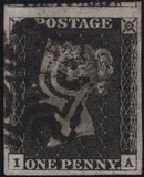 141140 1840 MATCHED TRIO LETTERED IA 1D BLACK PL.1A (SG2), 1D BLACK PL.1B (SG2) AND 1D RED PL.1B (SG7), PLATE 1B's CONSTANT VARIETY.