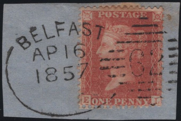 141152 1857 SMALL PIECE DIE 2 1D PALE RED-ORANGE (C9(2) 'BELFAST/62' IRISH SPOON TYPE a (RA12).