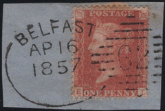 141152 1857 SMALL PIECE DIE 2 1D PALE RED-ORANGE (C9(2) 'BELFAST/62' IRISH SPOON TYPE a (RA12).