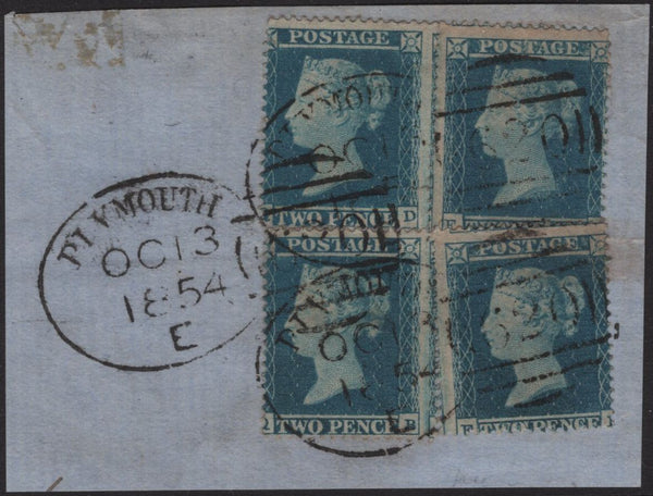 141164 1854 PIECE WITH 2D BLUE PL.4 (SG19) X 4 WITH 'PLYMOUTH/620' SPOON CANCELLATIONS (RA111).