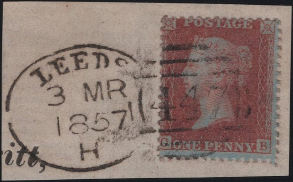 141174 1857 SMALL PIECE WITH 1D (SG32) 'LEEDS/447' TYPE 'A' SPOON (RA47).