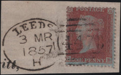 141174 1857 SMALL PIECE WITH 1D (SG32) 'LEEDS/447' TYPE 'A' SPOON (RA47).