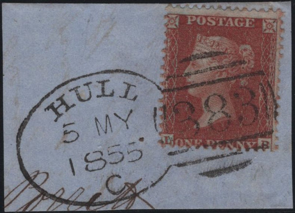 141178 1854-1855 SMALL PIECES X 4 WITH 'HULL/383' SPOON CANCELLATION TYPE 'C' (RA40).