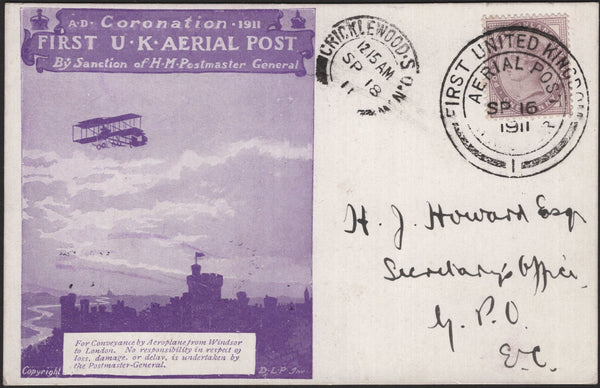 141202 1911 FIRST U.K. OFFICIAL AERIAL POST WINDSOR PRIVILEGE POST CARD IN VIOLET FROM WINDSOR TO G.P.O., LONDON WITH 1d LILAC (SG172).