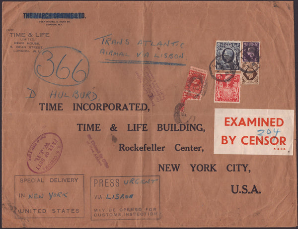 141204 1941 LARGE ENVELOPE LONDON TO 'TIME INCORPORATED... NEW YORK USA' WITH KGVI 3D, 1S, 5S RED (SG477) AND 10S DARK BLUE (SG478).