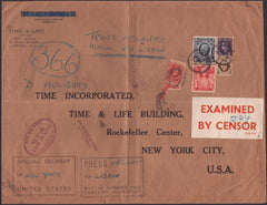 141204 1941 LARGE ENVELOPE LONDON TO 'TIME INCORPORATED... NEW YORK USA' WITH KGVI 3D, 1S, 5S RED (SG477) AND 10S DARK BLUE (SG478).