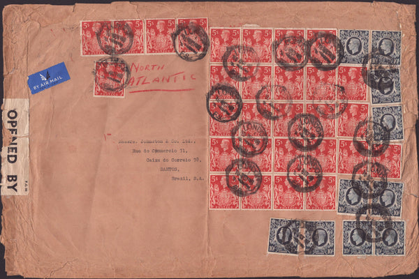 141206 1940 LARGE ENVELOPE LONDON TO SANTOS, BRAZIL WITH KGVI 5S RED (SG477) X 29 AND 10S DARK BLUE (SG478) X 10.