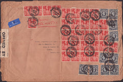 141206 1940 LARGE ENVELOPE LONDON TO SANTOS, BRAZIL WITH KGVI 5S RED (SG477) X 29 AND 10S DARK BLUE (SG478) X 10.