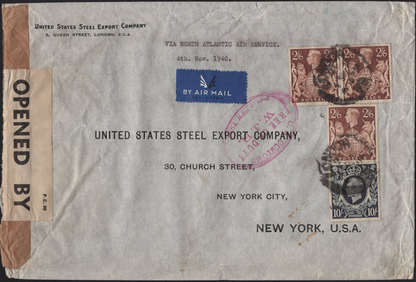 141208 1940 AIR MAIL LONDON TO NEW YORK WITH 2/6 BROWN (SG476) X 3 AND 10S DARK BLUE (SG478).