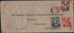 141209 1941 AIR MAIL LEATHERHEAD, SURREY TO QUEENSLAND, AUSTRALIA WITH KGVI 6D, 2/6 BROWN (SG476), 5S RED (SG477) AND 10S DARK BLUE (SG478).