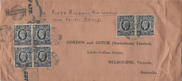 141212 1941 LARGE ENVELOPE AIR MAIL LONDON TO MELBOURNE, AUSTRALIA WITH KGVI 1S BISTRE-BROWN X 2, 2/6 BROWN (SG476), 5S RED (SG477) X 6 AND 10S DARK BLUE (SG478) X 6.