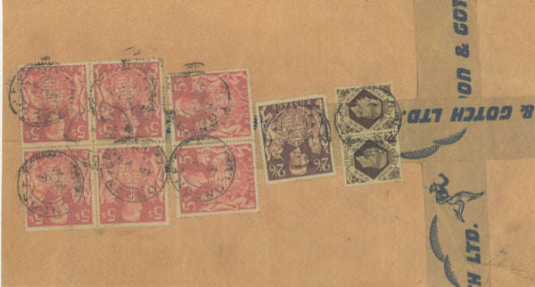 141212 1941 LARGE ENVELOPE AIR MAIL LONDON TO MELBOURNE, AUSTRALIA WITH KGVI 1S BISTRE-BROWN X 2, 2/6 BROWN (SG476), 5S RED (SG477) X 6 AND 10S DARK BLUE (SG478) X 6.