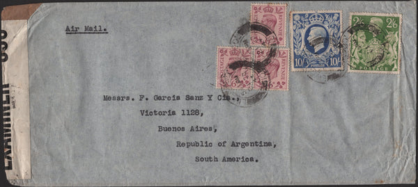 141213 1943 AIR MAIL LIVERPOOL TO ARGENTINA WITH KGVI 6D PURPLE (SG470) X 3, 2/6 YELLOW-GREEN (SG476b) AND 10S ULTRAMARINE (SG478b).