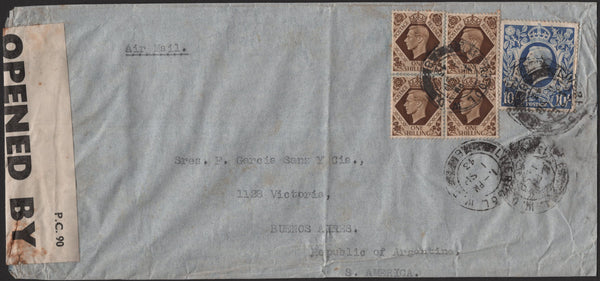 141214 1943 AIR MAIL LIVERPOOL TO ARGENTINA WITH 1S BISTRE-BROWN X 4 AND 10S ULTRAMARINE (SG478b).