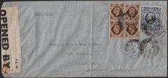 141214 1943 AIR MAIL LIVERPOOL TO ARGENTINA WITH 1S BISTRE-BROWN X 4 AND 10S ULTRAMARINE (SG478b).
