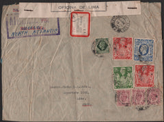 141216 1943 AIR MAIL LETCHWORTH, HERTS TO LIMA, PERU WITH KGVI 6D X 3, 9D, 2/6 YELLOW-GREEN (SG476b), 5S RED (SG477) X 2 AND 10S ULTRAMARINE (SG478b).