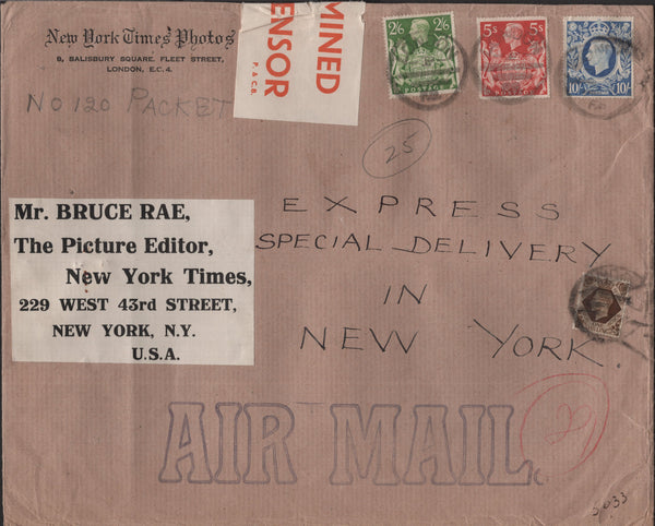 141219 1942-1943 AIR MAIL LONDON TO 'NEW YORK TIMES' NEW YORK WITH KGVI 1S BISTRE-BROWN, 2/6 YELLOW-GREEN (SG476b), 5S RED (SG477) AND 10S ULTRAMARINE (SG478b).