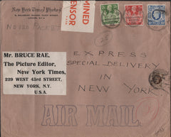 141219 1942-1943 AIR MAIL LONDON TO 'NEW YORK TIMES' NEW YORK WITH KGVI 1S BISTRE-BROWN, 2/6 YELLOW-GREEN (SG476b), 5S RED (SG477) AND 10S ULTRAMARINE (SG478b).