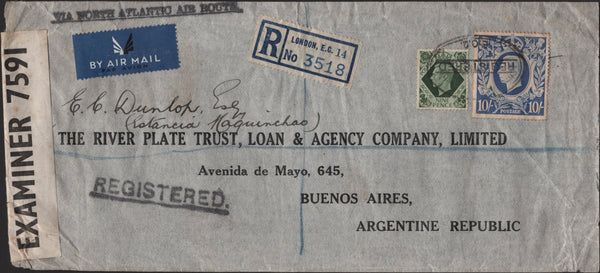 141221 1943? REGISTERED AIR MAIL LONDON TO ARGENTINA WITH 9D DEEP OLIVE-GREEN AND 10S ULTRAMARINE (SG478b).