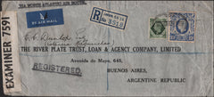 141221 1943? REGISTERED AIR MAIL LONDON TO ARGENTINA WITH 9D DEEP OLIVE-GREEN AND 10S ULTRAMARINE (SG478b).
