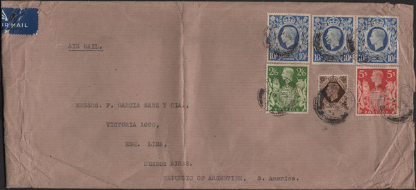 141222 1943 LARGE ENVELOPE AIR MAIL LIVERPOOL TO ARGENTINA WITH KGVI 1S BISTRE-BROWN, 2/6 YELLOW-GREEN (SG476b), 5S RED (SG477) AND 10S ULTRAMARINE (SG478b) X 3.