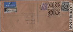 141223 1943 REGISTERED AIR MAIL BRANDON, SUFFOLK TO BUENOS AIRES, ARGENTINA WITH KGVI 3D PALE VIOLET, BLOCK OF FOUR 1S BISTRE-BROWN AND 10S DARK BLUE (SG478).