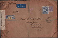 141224 1943 REGISTERED AIR MAIL LONDON TO BOMBAY, INDIA WITH 3D PALE VIOLET AND 10S ULTRAMARINE (SG478b).