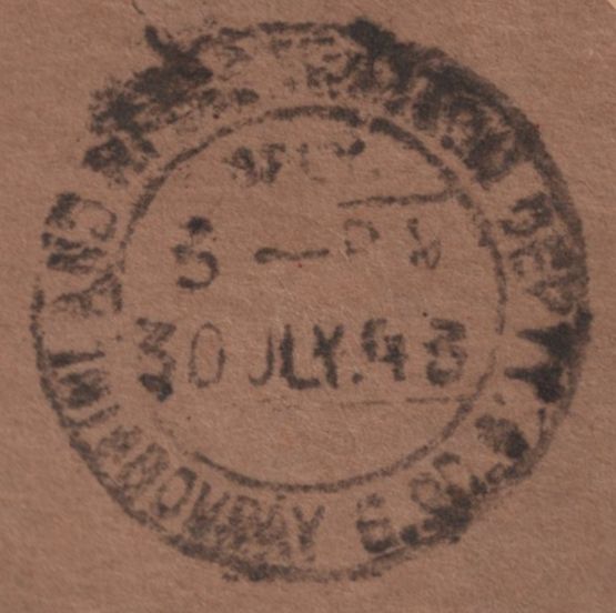 141224 1943 REGISTERED AIR MAIL LONDON TO BOMBAY, INDIA WITH 3D PALE VIOLET AND 10S ULTRAMARINE (SG478b).