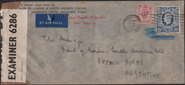 141225 1943 AIR MAIL BRADFORD, YORKS TO ARGENTINA WITH 6D PURPLE AND 10S ULTRAMARINE (SG478b).
