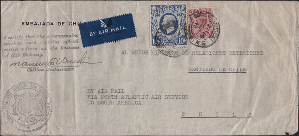 141226 1943 AIR MAIL FROM THE CHILIAN EMBASSY IN LONDON TO SANTIAGO, CHILE WITH 6D PURPLE AND 10S ULTRAMARINE (SG478b).