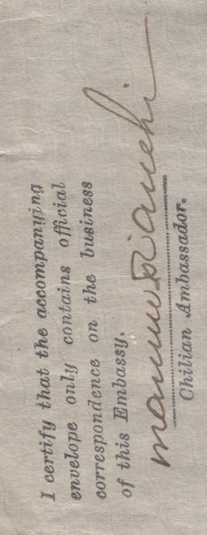 141226 1943 AIR MAIL FROM THE CHILIAN EMBASSY IN LONDON TO SANTIAGO, CHILE WITH 6D PURPLE AND 10S ULTRAMARINE (SG478b).