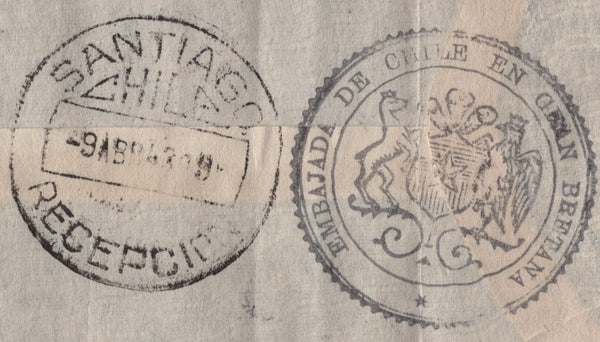 141226 1943 AIR MAIL FROM THE CHILIAN EMBASSY IN LONDON TO SANTIAGO, CHILE WITH 6D PURPLE AND 10S ULTRAMARINE (SG478b).
