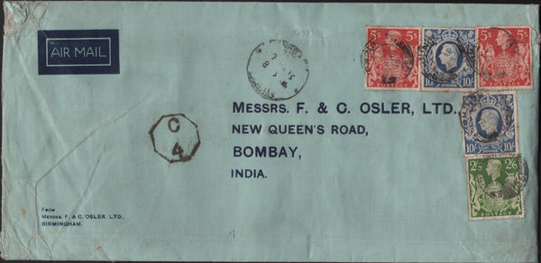 141227 1945 LARGE ENVELOPE AIR MAIL BIRMINGHAM TO BOMBAY, INDIA WITH KGVI 2/6 YELLOW-GREEN (SG476b), 5S RED (SG477) X 2 AND 10S ULTRAMARINE (SG478b) X 2.