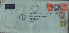 141227 1945 LARGE ENVELOPE AIR MAIL BIRMINGHAM TO BOMBAY, INDIA WITH KGVI 2/6 YELLOW-GREEN (SG476b), 5S RED (SG477) X 2 AND 10S ULTRAMARINE (SG478b) X 2.