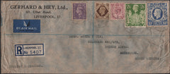 141228 1944 REGISTERED AIR MAIL LIVERPOOL TO ARGENTINA WITH 3D PALE VIOLET, 6D PURPLE, 1S BISTRE-BROWN, 2/6 YELLOW-GREEN (SG476b) AND 10S ULTRAMARINE (SG478b).