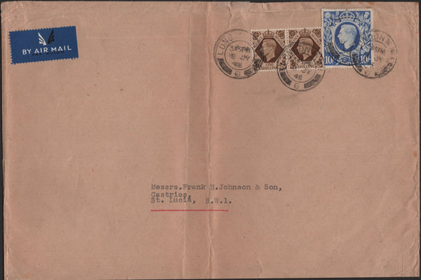 141231 1946 LARGE ENVELOPE AIR MAIL LONDON TO ST LUCIA WITH 1S BISTRE-BROWN X 2 AND 10S ULTRAMARINE (SG478b).