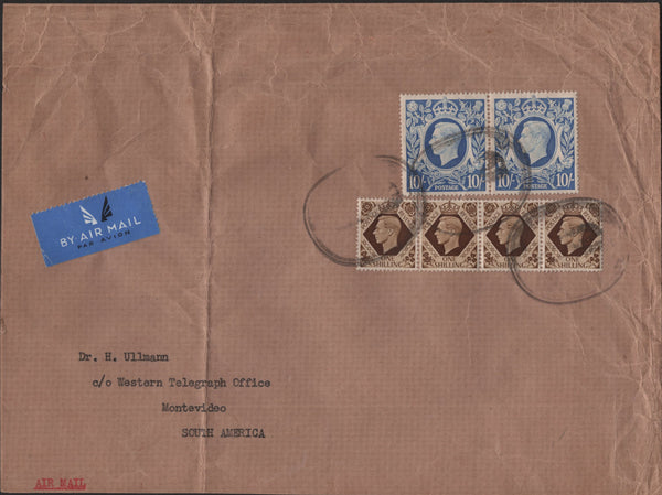 141232 UNDATED ENVELOPE, CIRCA 1950 AIR MAIL LONDON TO MONTEVIDEO, URUGUAY WITH 1S BISTRE-BROWN X 4 AND 10S ULTRAMARINE (SG478b) X 2.