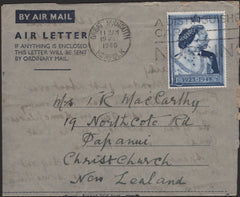 141233 1946 AIR LETTER GREAT YARMOUTH, NORFOLK TO CHRISTCHURCH, NEW ZEALAND WITH £1 ROYAL SILVER WEDDING (SG494).