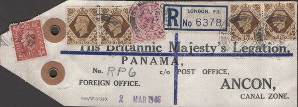 141235 1946 'His Britannic Majesty's Legation'  REGISTERED PACKET LABEL LONDON TO PANAMA WITH KGVI DEFINITIVES.