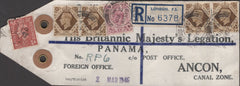 141235 1946 'His Britannic Majesty's Legation'  REGISTERED PACKET LABEL LONDON TO PANAMA WITH KGVI DEFINITIVES.