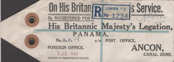 141236 1944 'His Britannic Majesty's Legation' REGISTERED PACKET LABEL LONDON TO PANAMA WITH KGVI 1½D, 3D AND 10S ULTRAMARINE (SG478b), WITH SIGNATURE OF 'ANTHONY EDEN' THE THEN FOREIGN SECRETARY.
