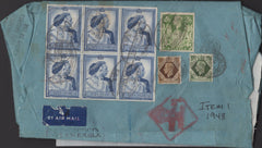 141237 1948 COMPLETE PARCEL WRAPPER SENT REGISTERED AIR MAIL LONDON TO NEW YORK WITH BLOCK OF SIX £1 ROYAL SILVER WEDDING (SG494) AND OTHER KGVI ISSUES.