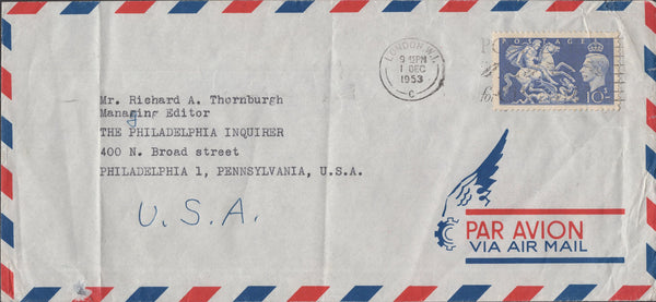 141239 1953 AIR MAIL LONDON TO USA WITH 10S (SG511) SINGLE FRANKING.