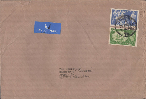 141241 1951 LARGE ENVELOPE LONDON TO FREMANTLE, WESTERN AUSTRALIA WITH 2/6 YELLOW-GREEN (SG509) AND 10S ULTRAMARINE (SG511).