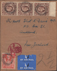 141242 1950 PART ENVELOPE AIR MAIL BOURNEMOUTH/POOLE TO AUCKLAND, NEW ZEALAND WITH 5S RED (SG477) AND THE VERY RARE £1 BROWN (SG478c) X 3.