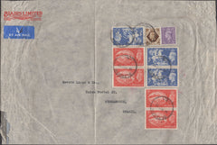 141244 1952 LARGE ENVELOPE AIR MAIL GLASGOW TO PERNAMBUCO, BRAZIL WITH KGVI 3D PALE VIOLET, 1S BISTRE-BROWN, 5S RED (SG510) X 4 AND 10S ULTRAMARINE (SG511) X 3.