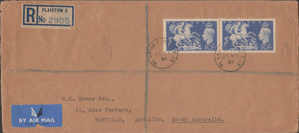 141246 1951 LARGER ENVELOPE REGISTERED AIR MAIL PLAISTOW, EAST LONDON TO ADELAIDE, SOUTH AUSTRALIA WITH PAIR 10S ULTRAMARINE (SG511).